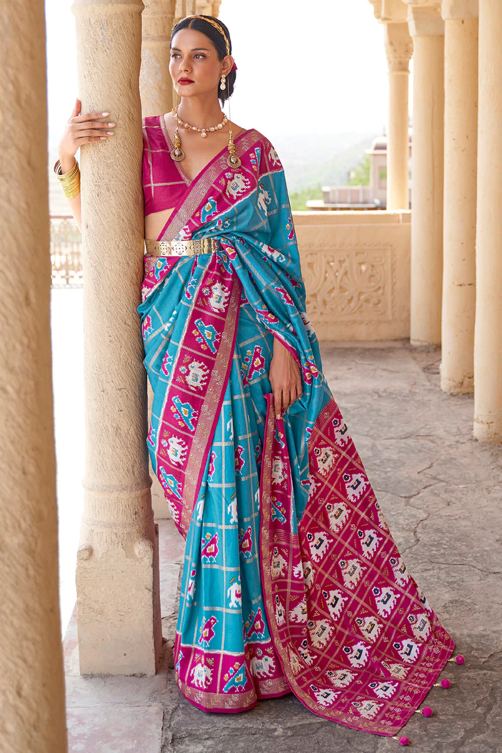Cerulean Blue &amp; Pink Patola Saree With Zari Weaving Work