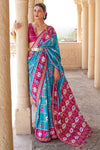 Cerulean Blue & Pink Patola Saree With Zari Weaving Work