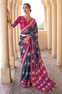 Navy Blue Pure Silk Designer Patola Saree