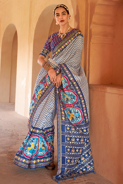 Blue Patola Silk Saree With Printed Work