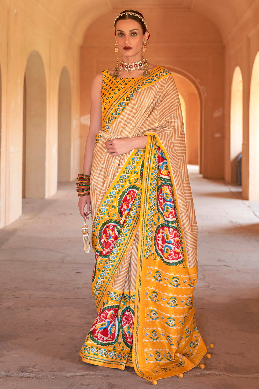 Yellow Colour Patola Silk Saree With Fancy Blouse