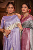 Cream & Light Purple Kanjivaram Silk Saree With Weaving Work