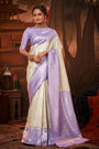 Cream & Light Purple Kanjivaram Silk Saree With Weaving Work