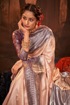 Peach & Brown Kanjivaram Silk Saree With Weaving Work