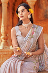 Light Pink Linen Saree With Block Printed Work