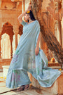 Sky Blue Linen Saree With Block Printed Work