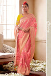 Baby Pink  colour Pure Dola Silk With Fancy Lace Border