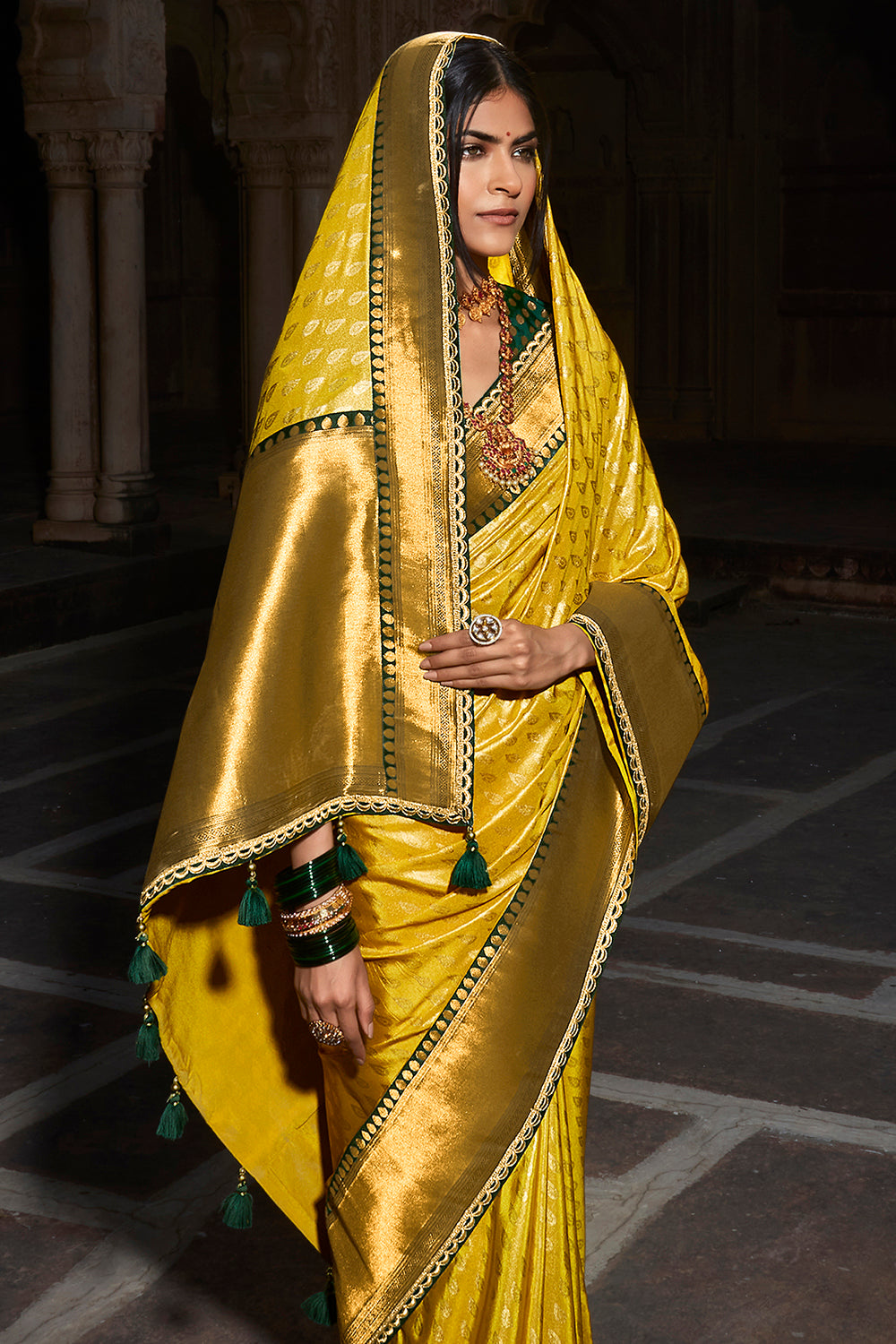 Aureolin Yellow Banarasi Silk Saree With Zari Weaving Border