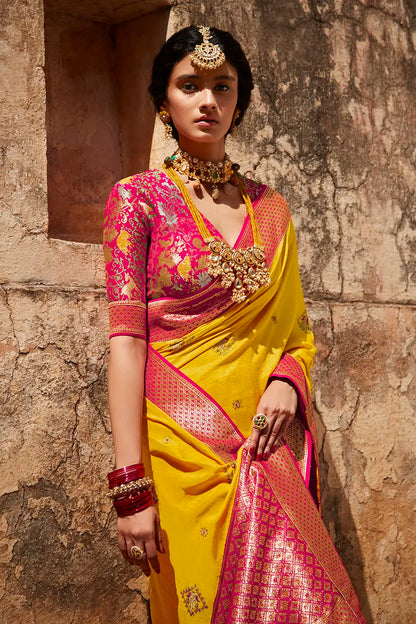 Yellow and Pink Zari Woven Banarasi Soft Silk Saree
