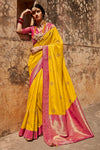 Yellow and Pink Zari Woven Banarasi Soft Silk Saree