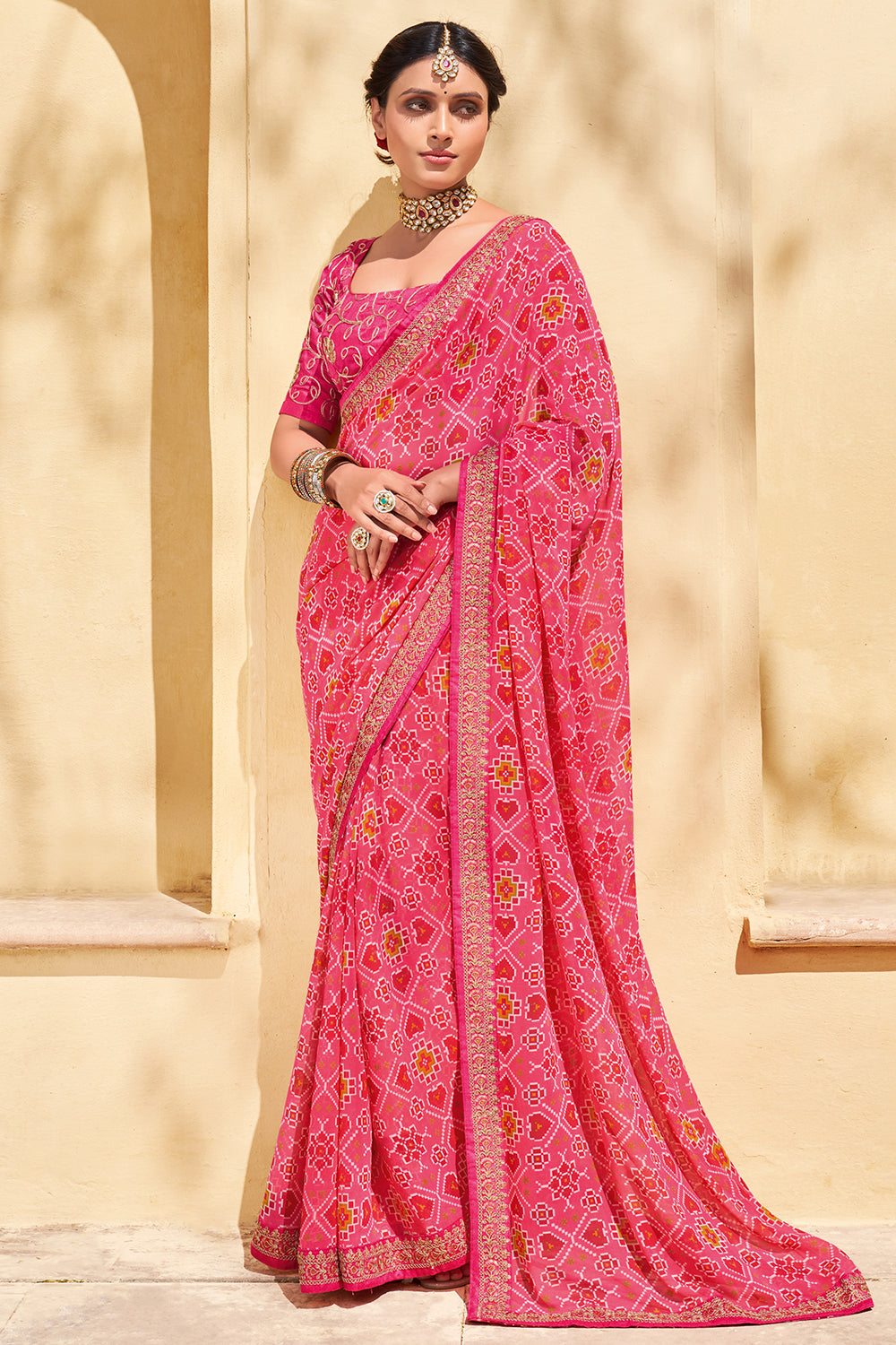 Pink Georgette Embroidery Border Saree