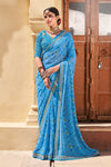 Dark Sky Blue Georgette Embroidery Border Saree