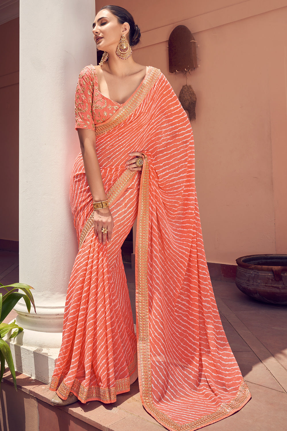 Light Orange Bandhani Design Saree With Embroidery Work Blouse