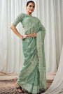 Light Green Soft Luckhnowi Rich Pallu weaving Linen Saree