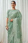 Light Green Soft Luckhnowi Rich Pallu weaving Linen Saree