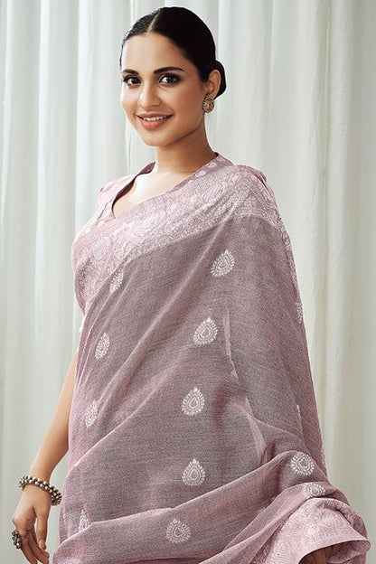 Iris Purple Soft Luckhnowi Rich Pallu Weaving Linen Saree