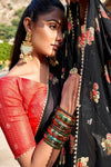 Black Colour Flower Design Printed Ragha Georgette Saree With Red Jecquard Blouse