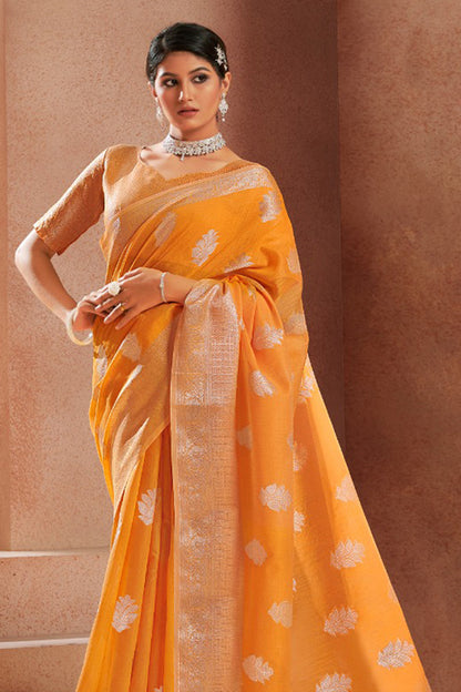 Orange Modal Silk With Silver Zari Weaving Sari With Matching Blouse