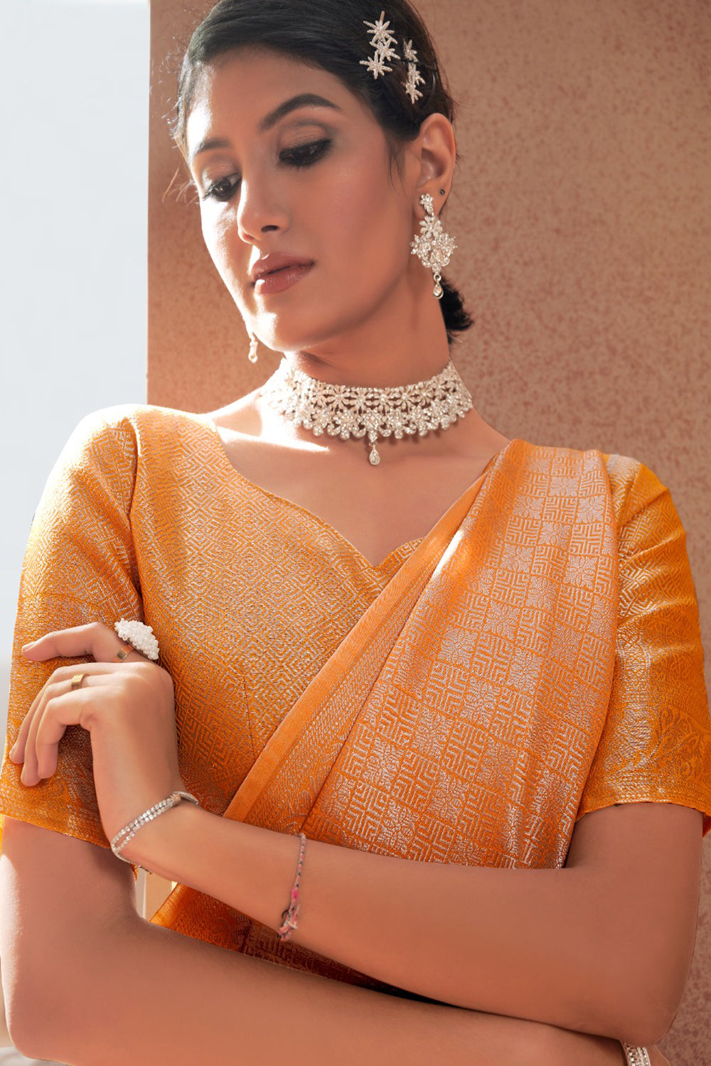 Orange Modal Silk With Silver Zari Weaving Sari With Matching Blouse