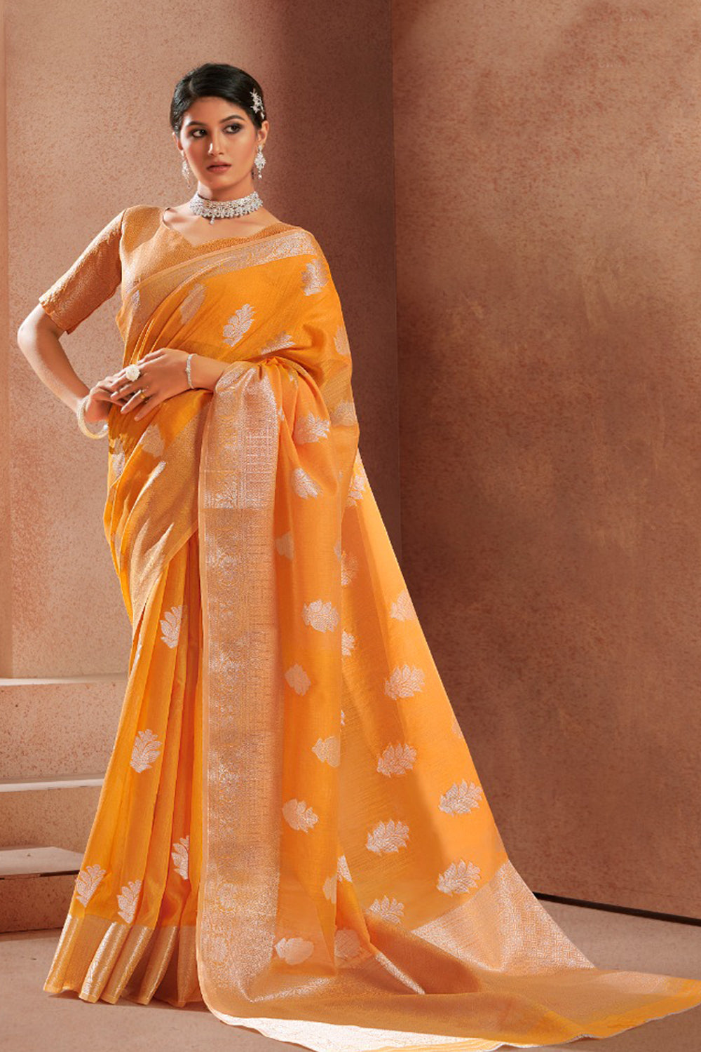 Orange Modal Silk With Silver Zari Weaving Sari With Matching Blouse