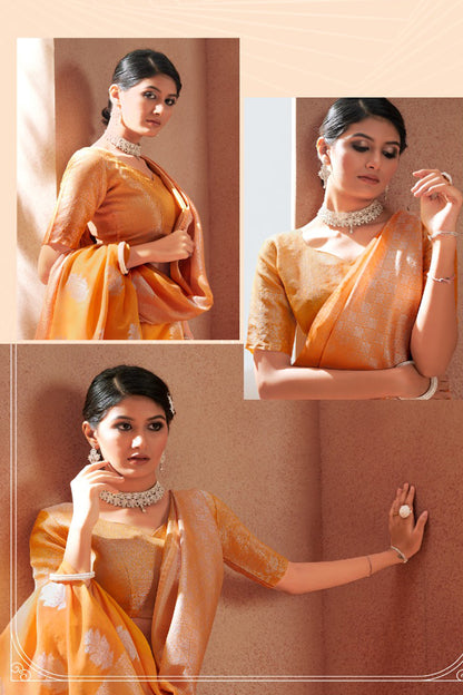 Orange Modal Silk With Silver Zari Weaving Sari With Matching Blouse