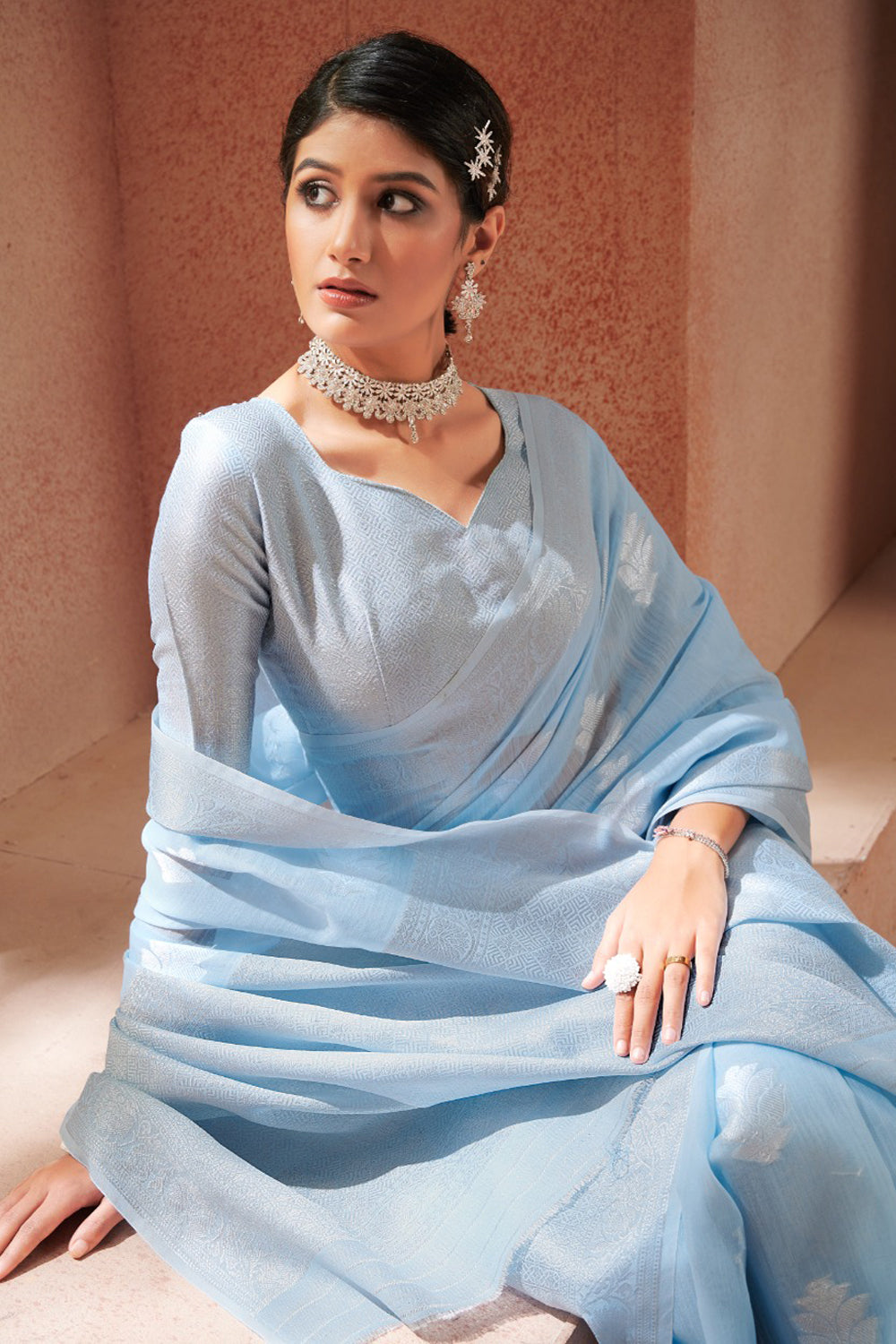 Sky Blue Modal Silk Saree With Silver Zari Weaving &amp; Matching Blouse