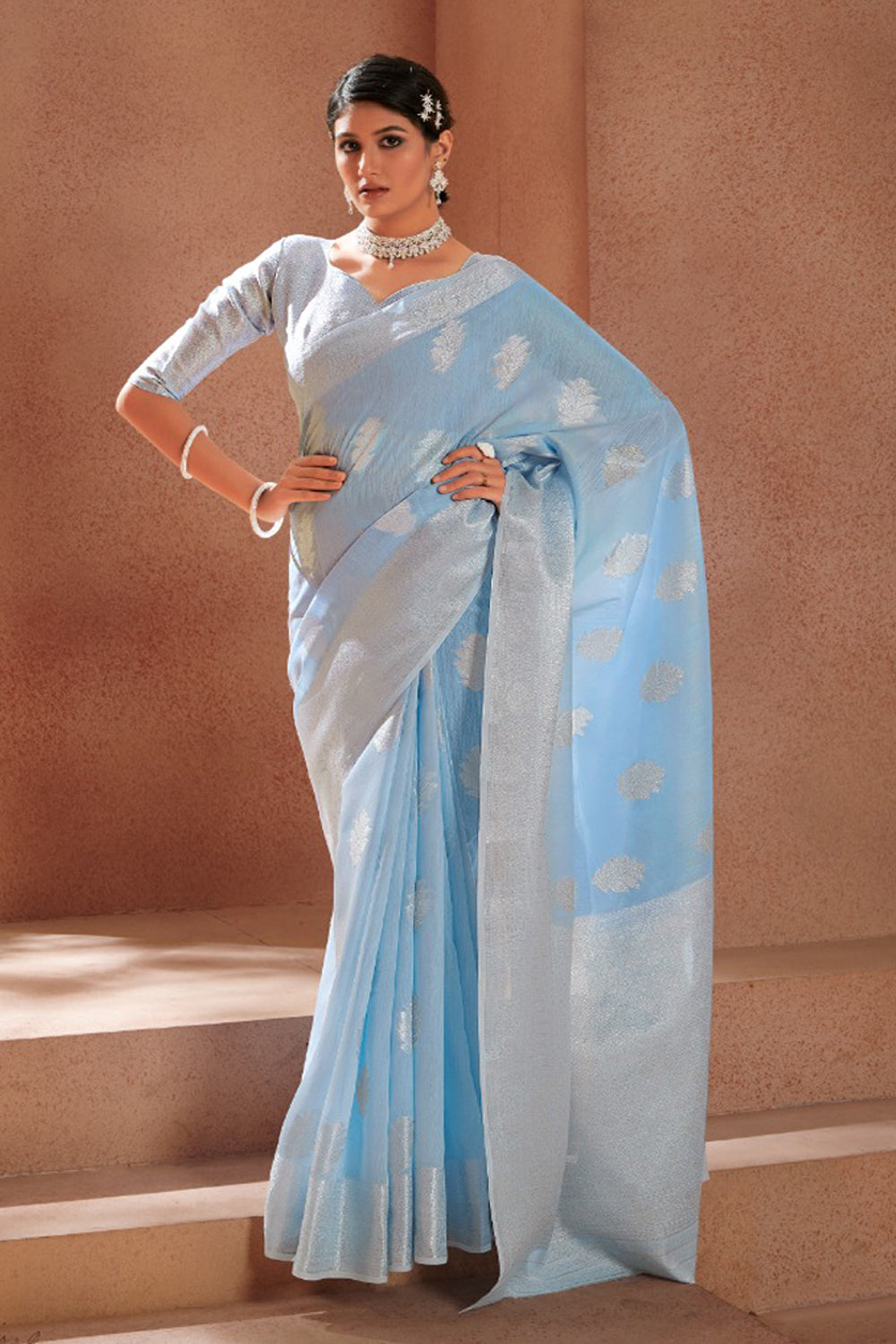 Sky Blue Modal Silk Saree With Silver Zari Weaving &amp; Matching Blouse