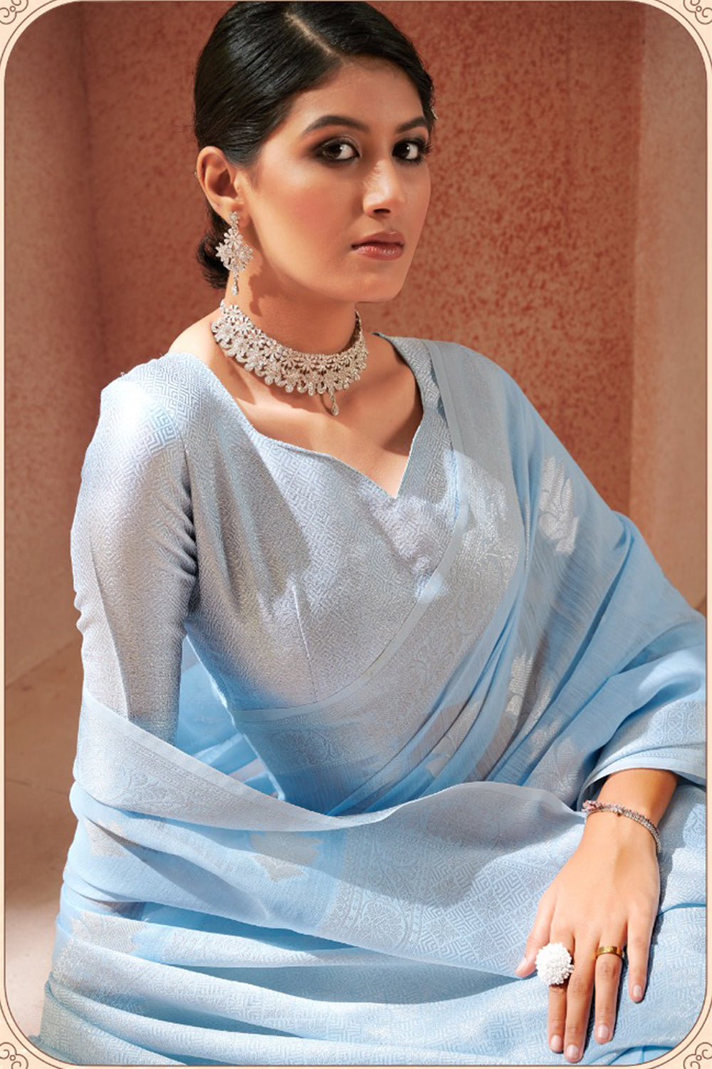 Sky Blue Modal Silk Saree With Silver Zari Weaving &amp; Matching Blouse