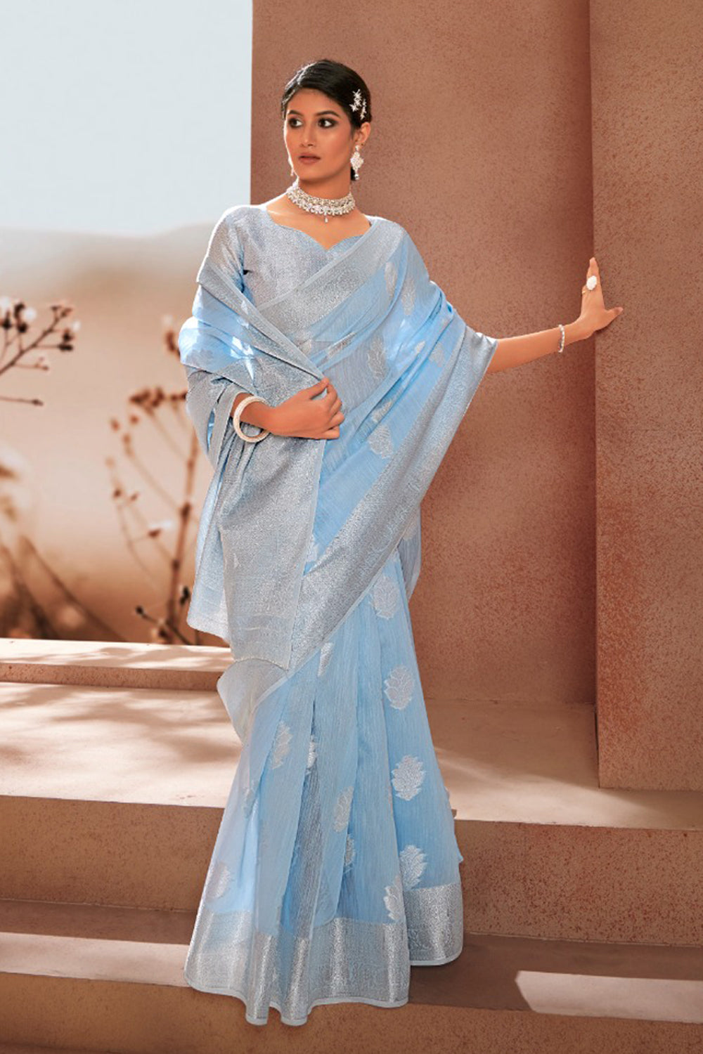 Sky Blue Modal Silk Saree With Silver Zari Weaving &amp; Matching Blouse