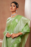 Pista Green Modal Silk Saree With Silver Zari Weaving & Matching Blouse