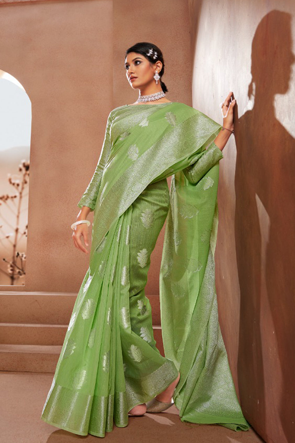 Pista Green Modal Silk Saree With Silver Zari Weaving &amp; Matching Blouse