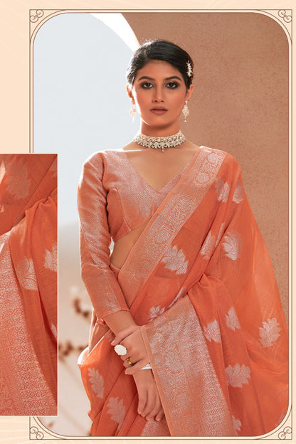 Peach color modal Silk With Silver Zari Weaving Sari With Matching Blouse