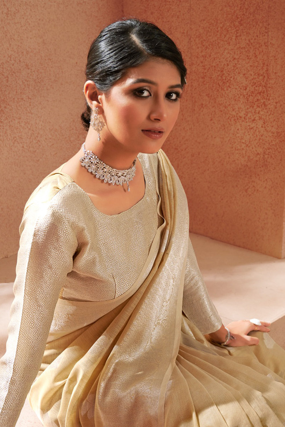 Cream Soft Linen Saree with blouse
