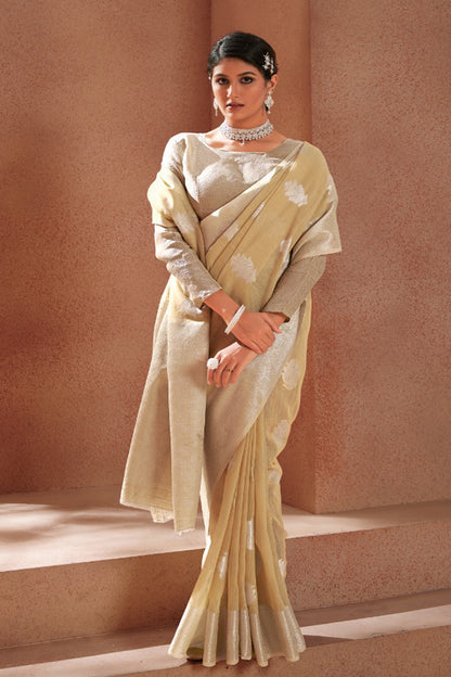 Cream Soft Linen Saree with blouse