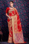 Dark Red Silk Saree With Zari Weaving Work