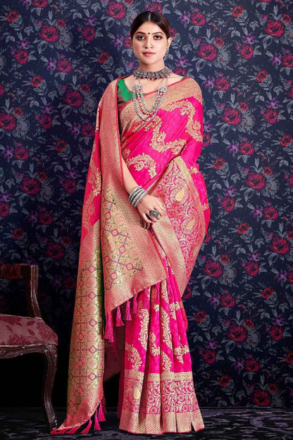 Fuscia Pink Embroidery Zari Weaving Soft Silk Saree With Heavy Pallu