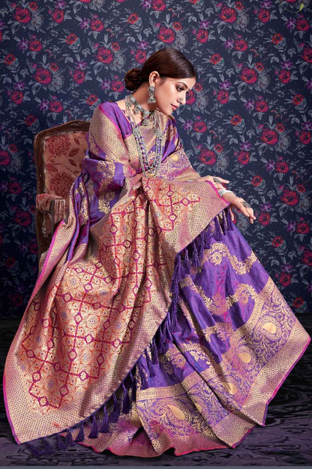 Violet Purple Silk Saree With Zari Weaving Work