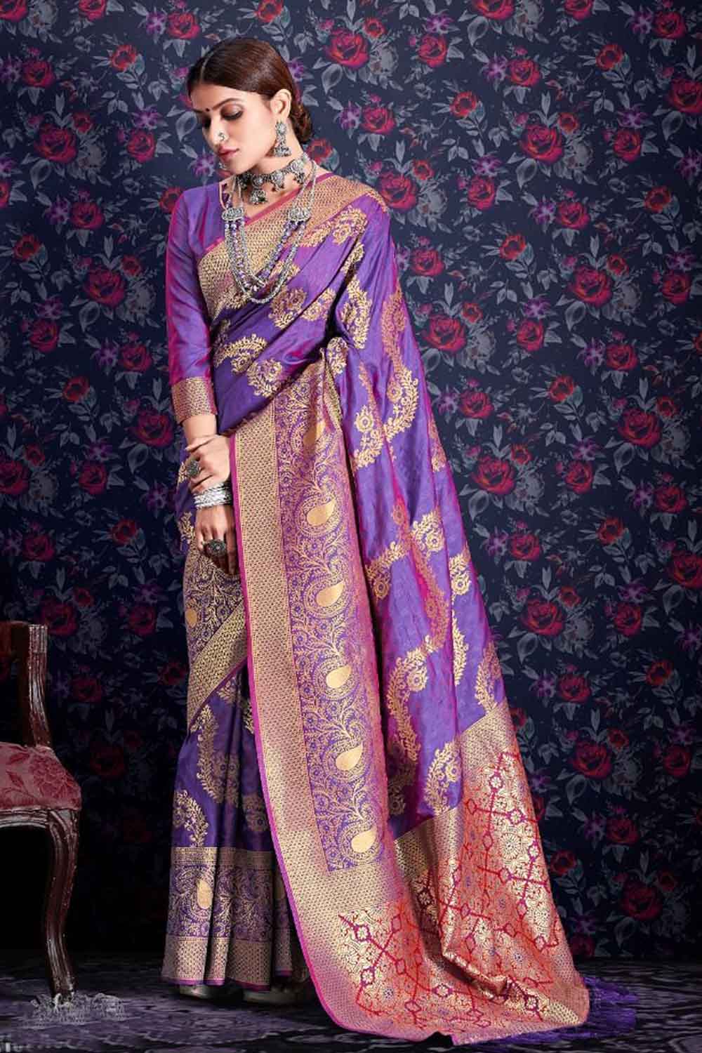 Violet Purple Silk Saree With Zari Weaving Work