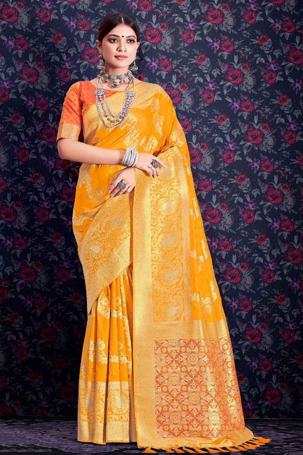Gold Yellow Zari Weaving Soft Silk Saree With Heavy Pallu