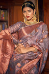 Latest Elephant Gray Banarasi Copper Tissue Silk Saree