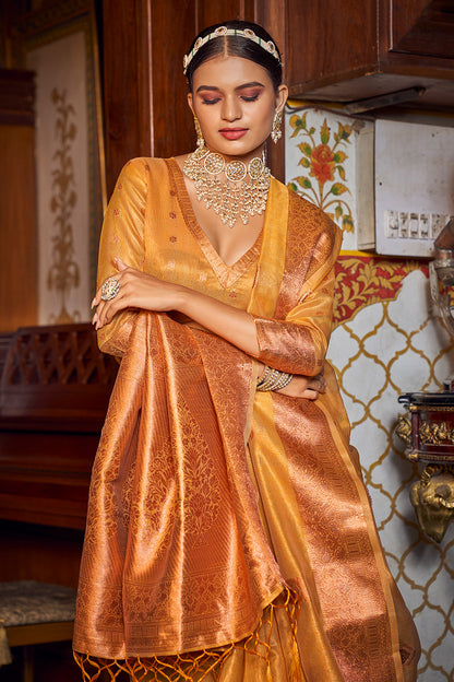 Latest Yellow Banarasi Copper Tissue Silk Saree