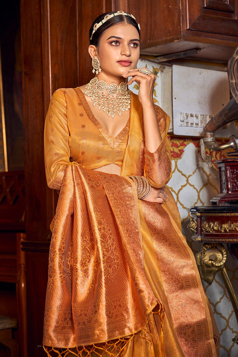 Latest Yellow Banarasi Copper Tissue Silk Saree
