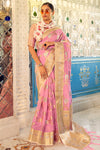 Baby Pink Soft linen Silk Saree With Zari Weaving