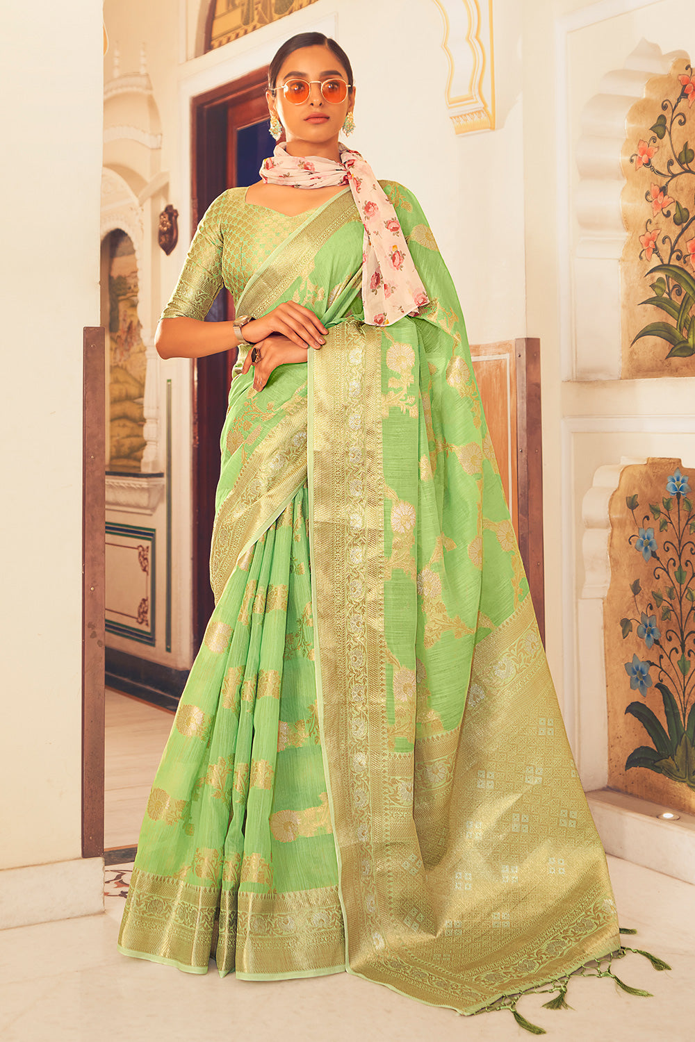 Pista Green Color Pure Banarasi Zari Silk Saree with Zari Border   BharatSthali