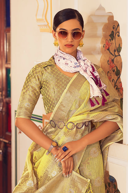 Yellow Soft linen Silk Saree With Zari Weaving