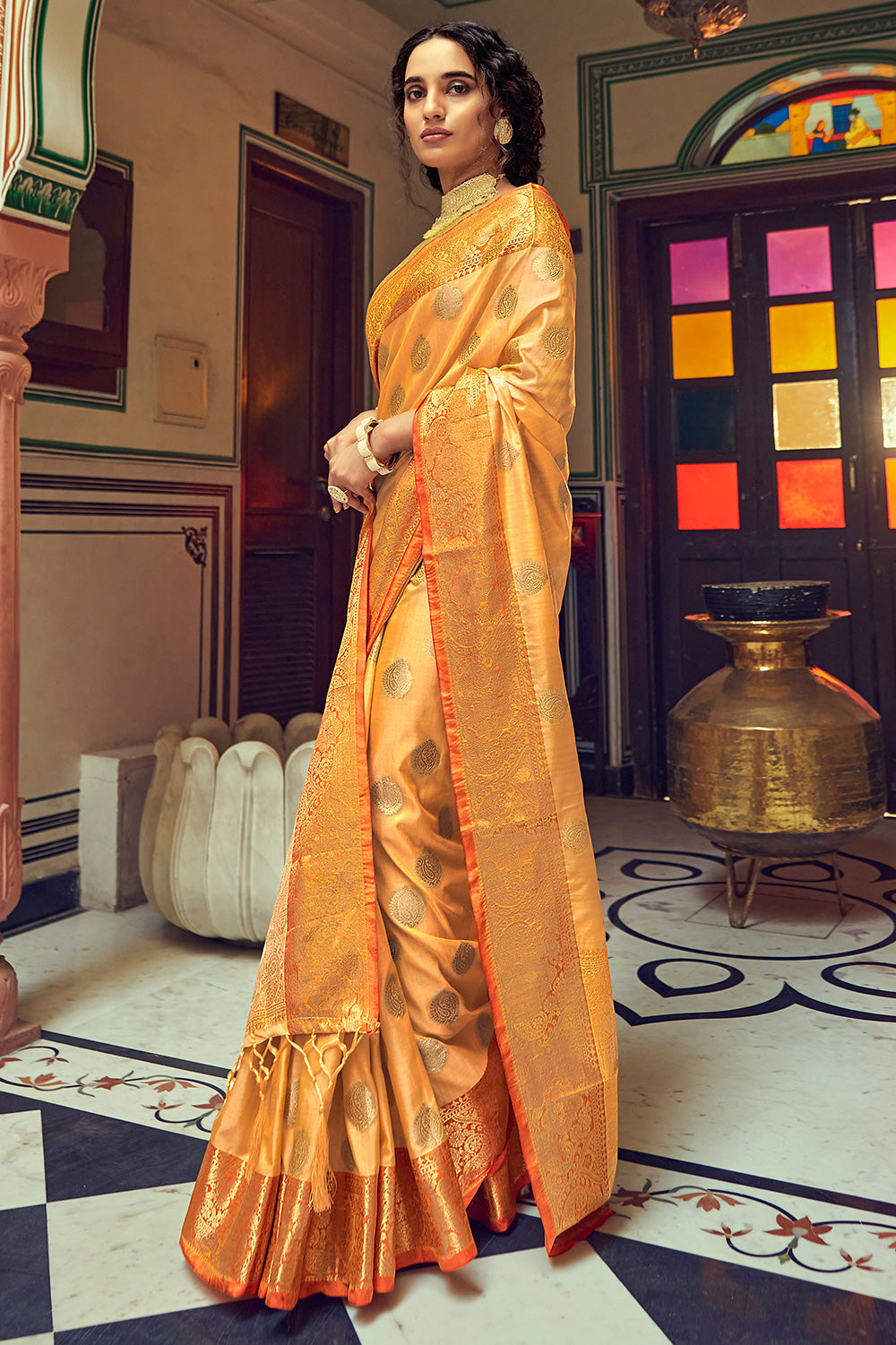 Orange Soft Tusser Silk With Zari Weaving Saree