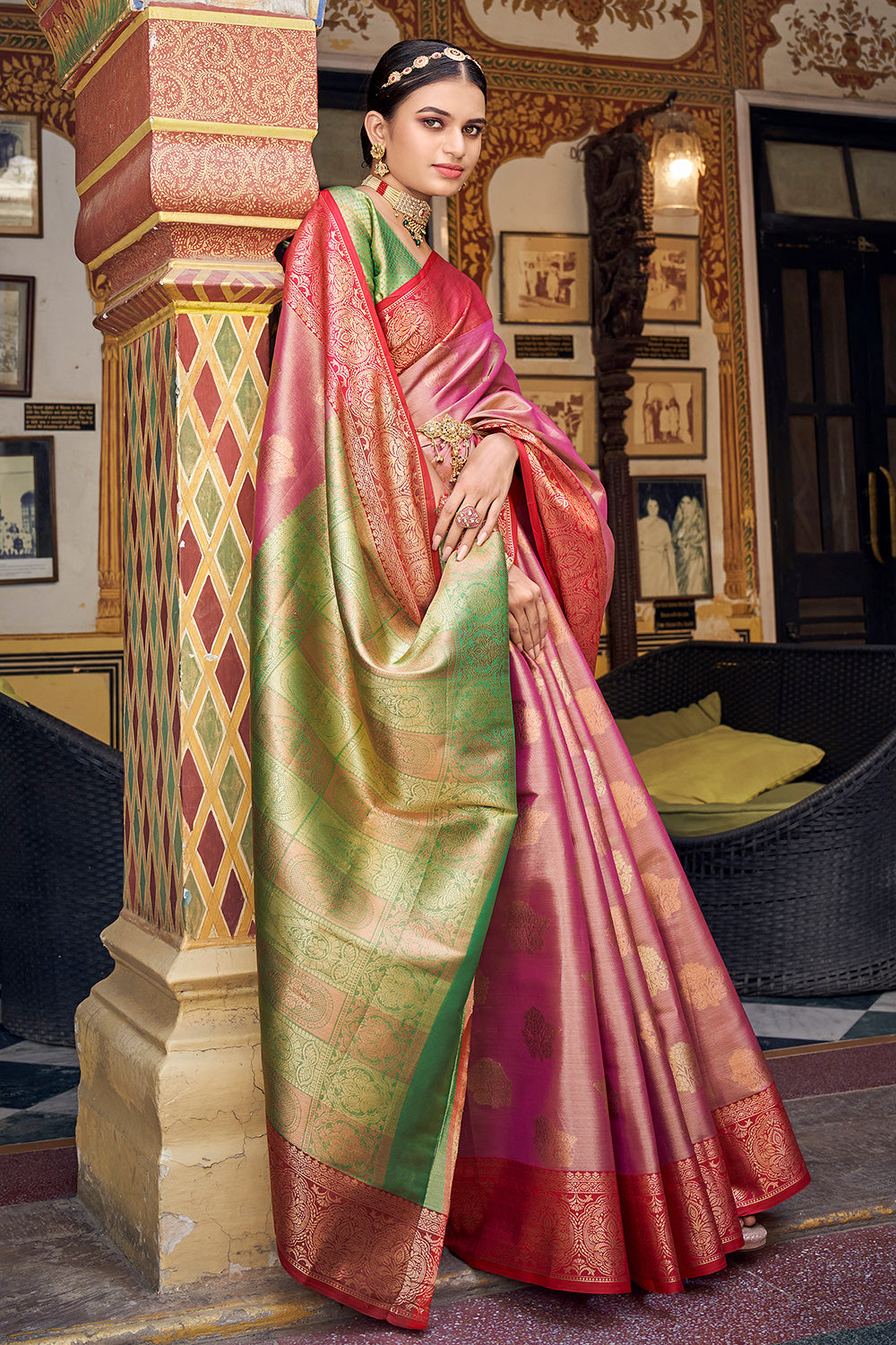 Pink &amp; Green Soft Banarasi Silk Saree