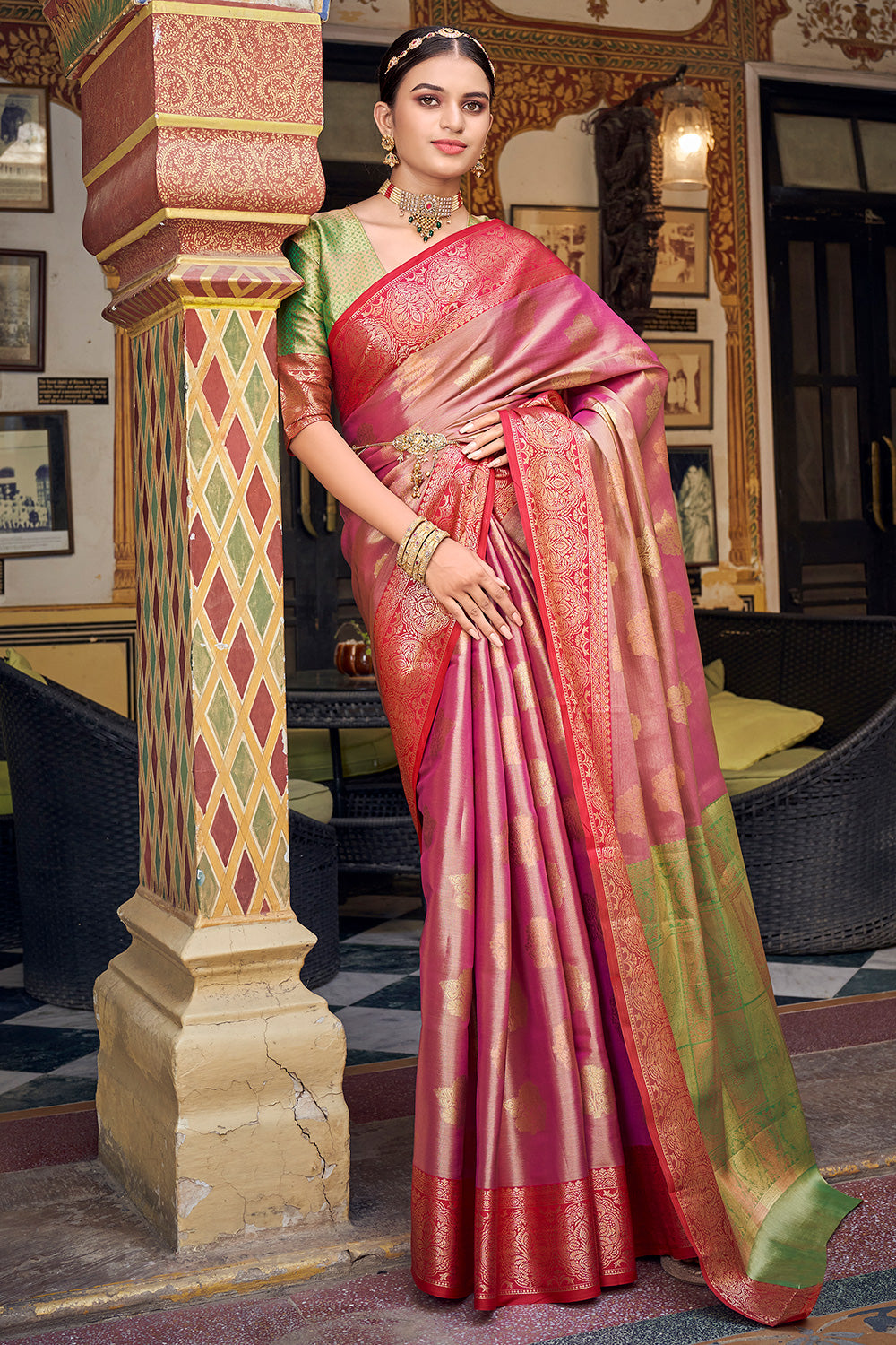 Pink &amp; Green Soft Banarasi Silk Saree