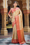 Cream & Red Fancy Banarasi Saree With Weaving