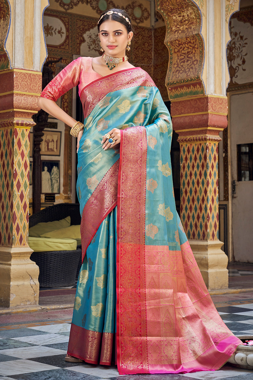 Sky Blue &amp; Pink Fancy Banarasi Silk Saree